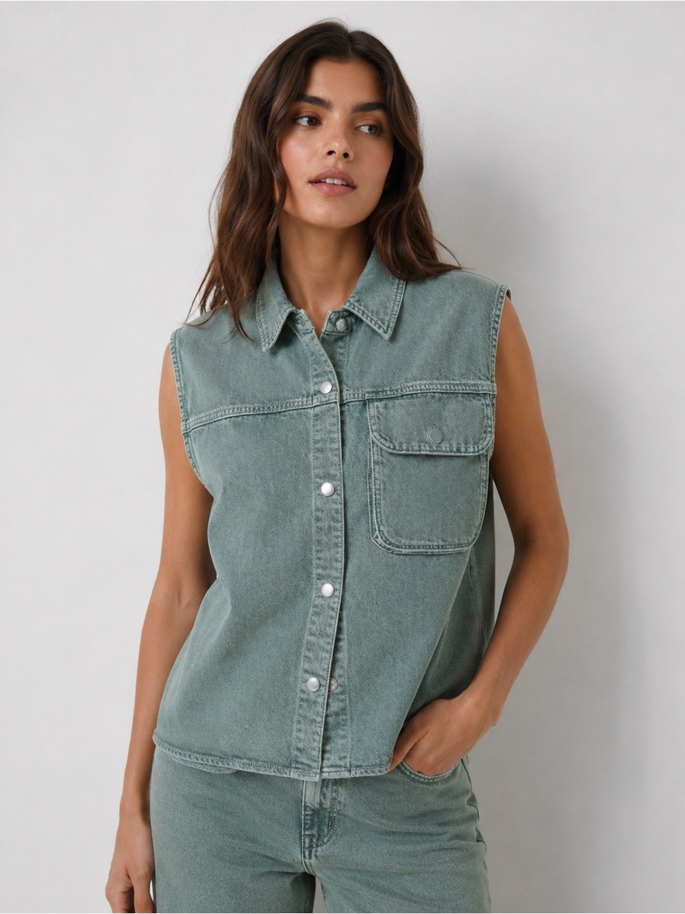 NWOT AGOLDE hadley sleeveless denim shirt green SZ L